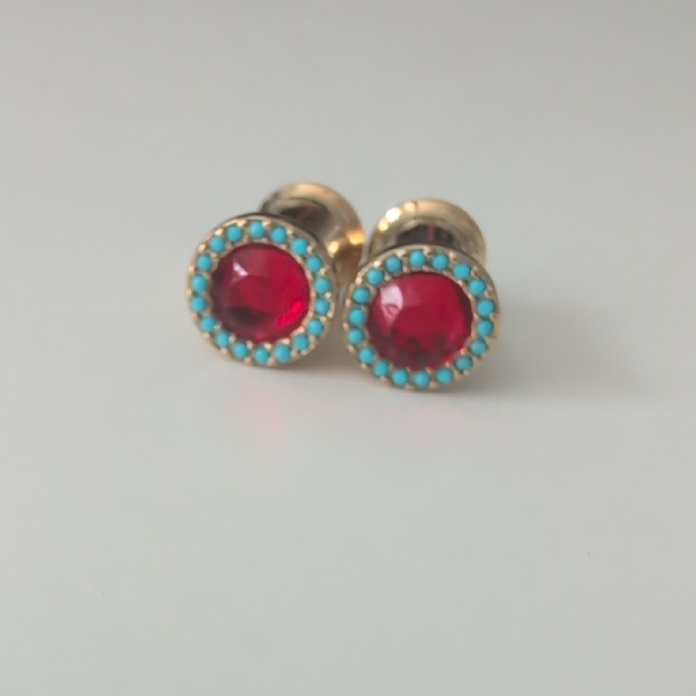 Gold and Red Stud Earrings with Turquoise Accents